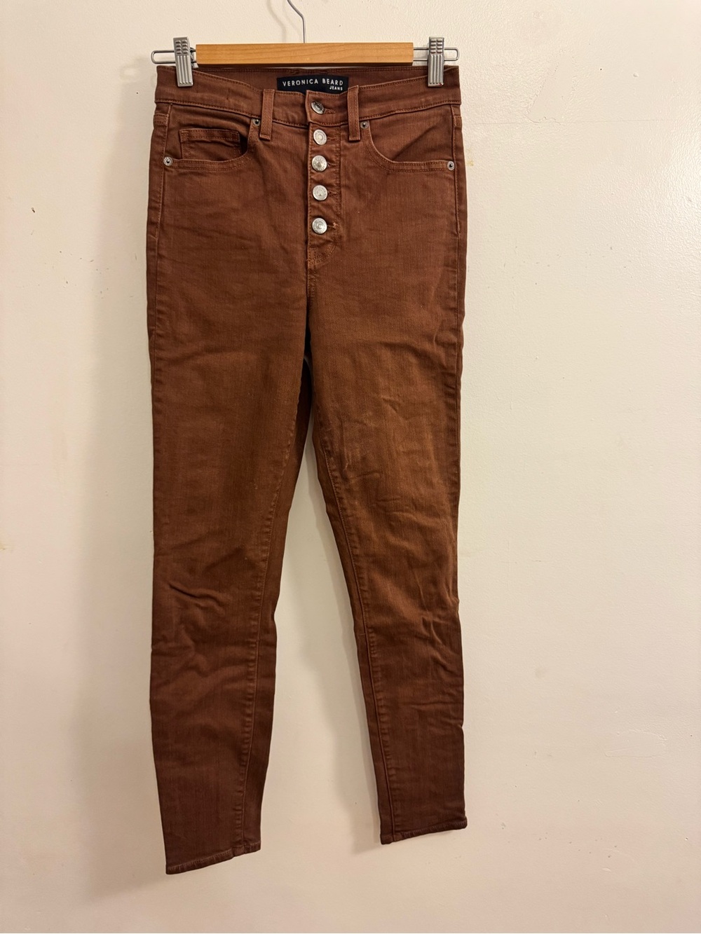 Veronica Beard High-Rise Button-Fly Skinny Jeans in Chestnut Brown